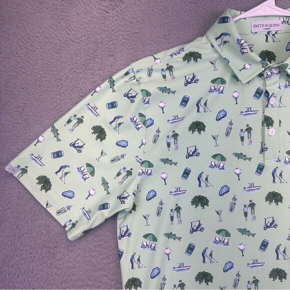 Smith‎ Quinn Golf Polo Shirt Mens Large Green Golfer Boats Allover Print Stretch - Picture 4 of 15